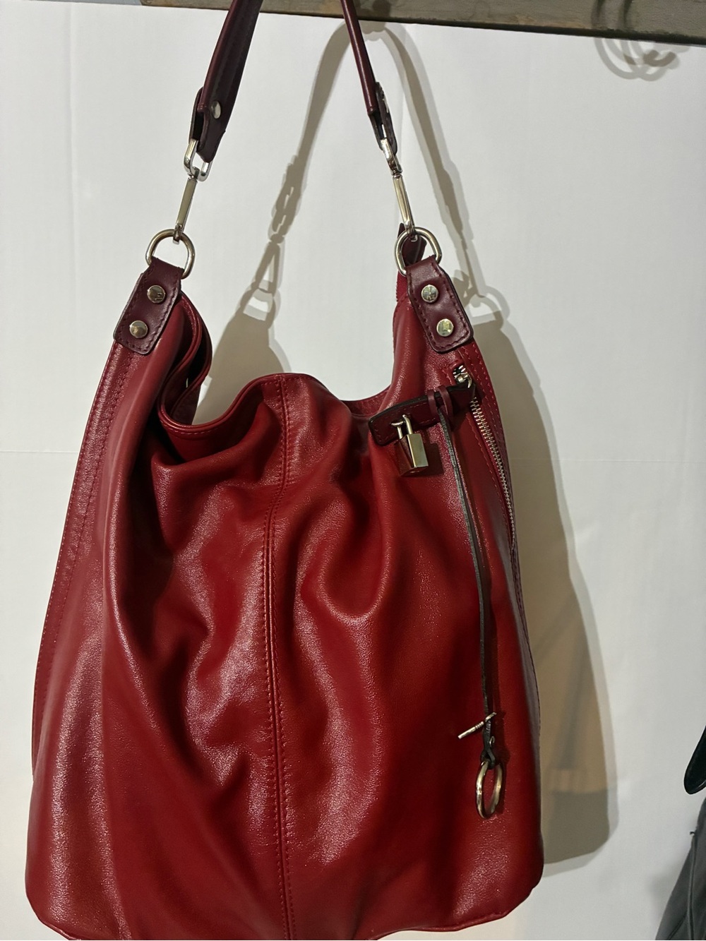 Soft Red Leather Shoulder Bag with Zip Detail